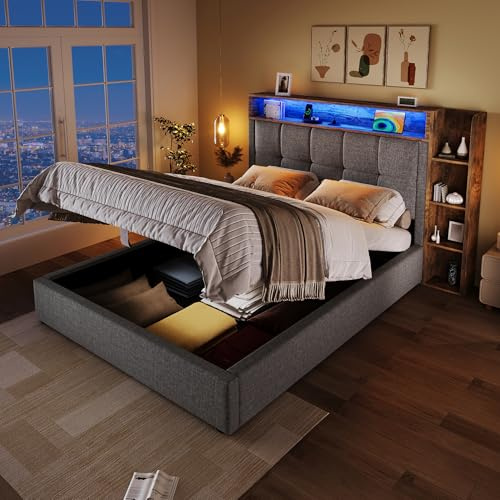 LAKFEW Camas Juveniles Cama 90x200 cm con USB y Iluminación LED, Cama Individual Cama 90 con Almacenamiento Hidráulico y Cabecero Almacenaje, Camas Individuales Infantiles, Lino, Gris, Sin Colchon