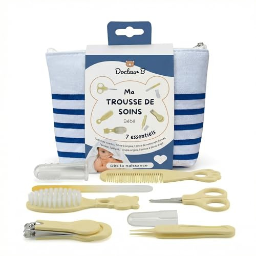 Docteur B – Astuccio per la cura del bambino con 7 essenziali, tagliaunghie, forbici sicure, pennello, pettine, lima, pinzetta naso | fin dalla nascita | kit da toilette portatile | astuccio a righe
