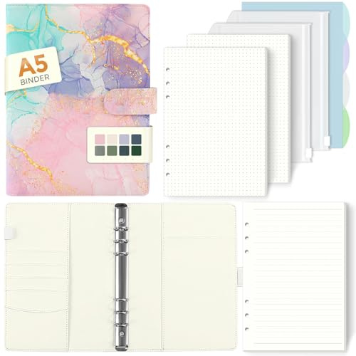SKYDUE A5 ringbok, ringbok A5-påfyllningsbar, 135 ark påfyllningspapper, anteckningsbok med knytfickor, a5 omslag för skolanteckningar och reseböcker (Marmorpulver)