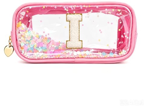 YCDKK The 26 Letters Clear Pink Pencil Case for Girls, Small Cute Transparent Pencil Case with A-Z Initial Design for School & Office, Portable Exam Zipper Pouch for Students, Teens & Women (I)