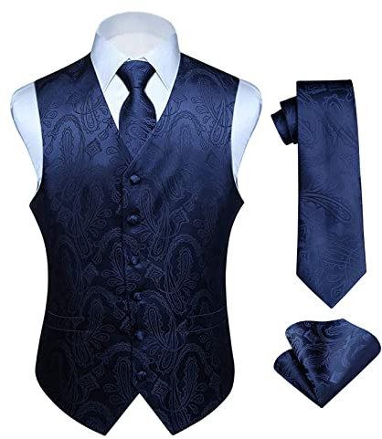 Hisdern Manner Paisley Floral Jacquard Weste & Krawatte und Einstecktuch Weste Anzug Set, Navy Blau, Gr.-XL (Brust 48 Zoll)