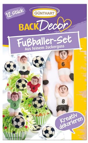 Günthart BackDecor 12 Zucker Fußballer und Fußbälle geeignet für Fußballanlässe und Geburtstage zum Thema Fußball als essbare Tortendekoration, 1er Pack (21 gr)