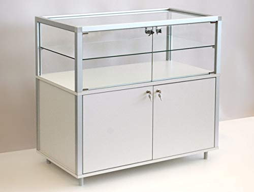 MHN Halbhohe Glasvitrine mit Rollen T 42,5 x B 79 x H 95 cm - breiter Vitrinenschrank abschließbar - Flache Alu-Glas Verkaufsvitrine & Unterschrank - Spiegel-Rückwand - ohne Beleuchtung
