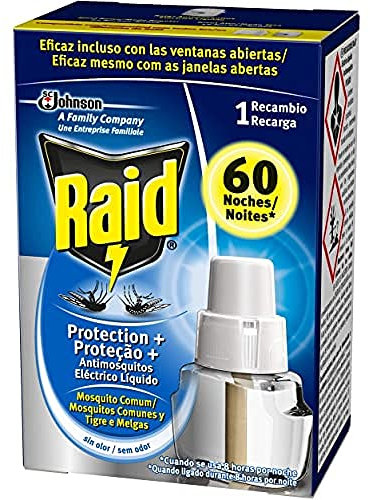 Raid ® Recambio Eléctrico Líquido Protección+ 60 noches - Cargador para aparato anti mosquitos comunes y tigre con difusor regulable