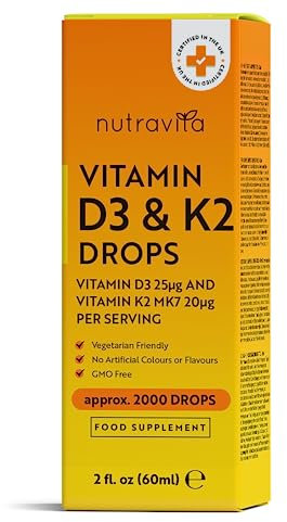 Gocce Vitamina D3 K2 MK7 Alta Resistenza - Vitamina D 1000 UI K2 20ug per 2 Gocce - 60 ml - Fornitura per un anno + - Sostiene il Sistema Immunitario, Ossa, Muscoli e denti