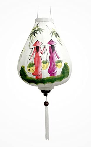 Farolillo asiático de tela de lino blanco G, diámetro de 33 cm – Farol pintado de Hoi an en tela, bambú y madera – Decoración de Asia y Artesanía Vietnam (Ref. G25-GAITRE)