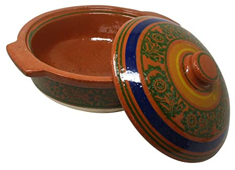 Reldor Earthen Clay Cooking Pot Karahi Kadai Wok Biryani Chicken Serving Mitti ki Kadai Karahi Open Fire Gas Top with Lid (Large)