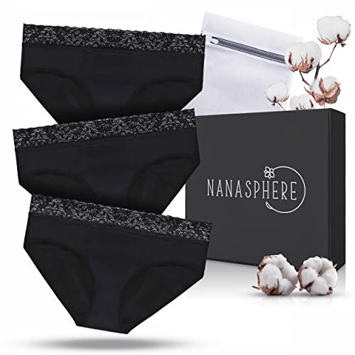 NANASPHERE Stück Perioden Unterwäsche Mädchen Starke Blutung + Wäschesack | Saugfähig Bio-Baumwolle Zertifiziert Menstruationsunterwäsche unter Kleidung Menstruation (L)
