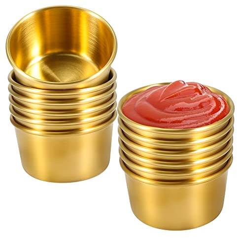 Amytalk Ramekin Sauce Dipping Bowl Mini Sauce Cups Pudding Condiment Cups for Home Party Restaurant (Golden 12PCS 60ml)