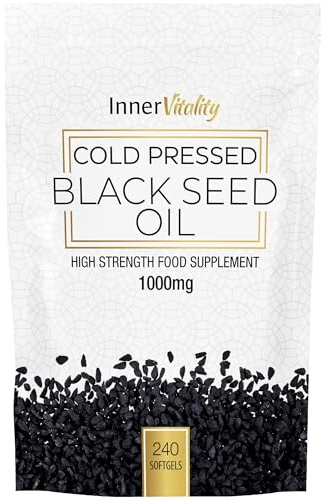 Black Seed Oil 240 Double Strength Capsules - Premium Cold Pressed Virgin Oil, High Strength Thymoquenine 3X% | 1000mg Softgels with Zero Additives (Non-GMO) Made in UK by Inner Vitality