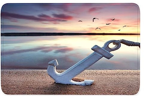TiaoTian Fußmatte 60x90 Strand Anker Waschbar Fussmatte innen rutschfeste Schmutzfangmatte Türmatte Eingang Teppich 3D Druck Design Ozean Sonnenuntergang Flanell fußmatte für Haustür Innen