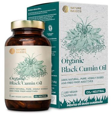 Olio di semi di cumino nero biologico - 180 capsule ad alto dosaggio / 500 mg di olio di semi di cumino nero biologico e 250 mg di acido linoleico per capsula/Vegano, certificato e sostenibile