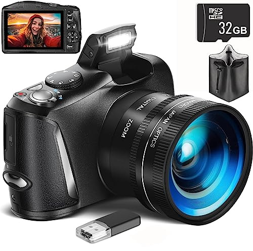 Fotocamera digitale 4K con scheda SD | Telecamere Vlogging per la fotografia | Obiettivo grande e macro | Display LCD da 4 | Fotocamera Bridge con scheda SD da 32 GB