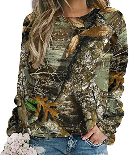 DSXSJQO Autumn Hunting Tree Camo Pattern Women's Casual Pullover Raglan Round Neck Long Sleeve Sweatshirts T-Shirt S