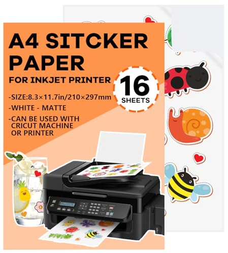 NICEIN A4 Självhäftande film, klistermärkespapper, vinyl, självhäftande film, transparent skrivarpapper, vattentät, tryckbar självhäftande film, klistermärken för bläckstråleskrivare laserskrivare vit