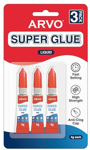 ARVO Super Glue Liquid 12g (Pack of 3 x 4g) – All-Purpose Fast-Drying Adhesive with Impact Tough Bond & Anti-Clog Cap for Metal, Ceramics, Leather and More