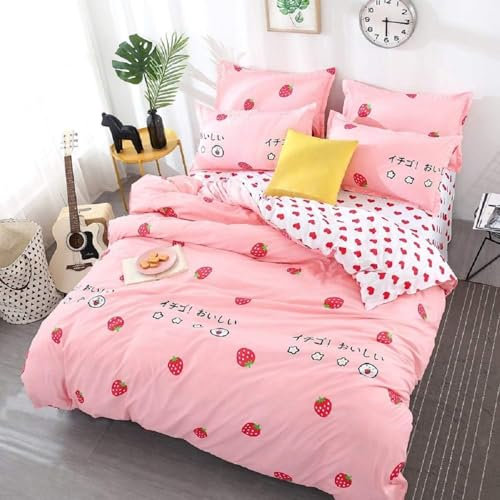 Tabeskly Kids Girls Red Strawberry Cute Soft Zipper Bed Bedding Duvet Cover Set Single Pink 135×200cm
