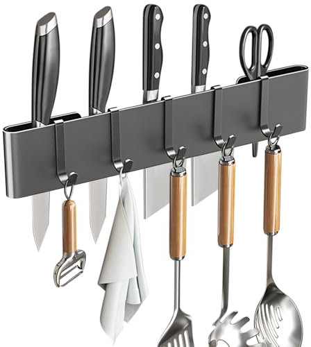 Portautensili da cucina in acciaio ad alto tenore di carbonio, senza perforazione, montaggio a parete, con ganci da cucina, porta utensili da cucina, organizer da cucina (grigio, 30 cm)