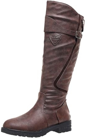 Wonafa Botas Planas Altas Hasta la Rodilla para Mujeres - Botas de Montar de Cuero Sintético Clásicas