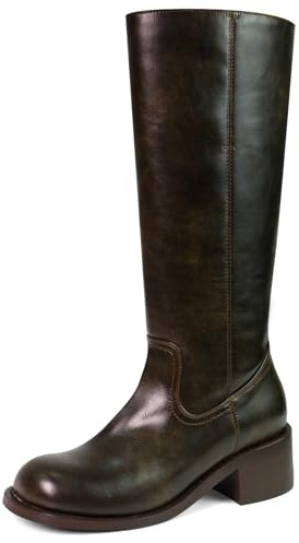 VBDB Dark Brown Campus Boots for Women Square Toe Chunky Block Heel Long Boots Wide Calf Riding Boots Platform Knee High Shoes for Women Size 8