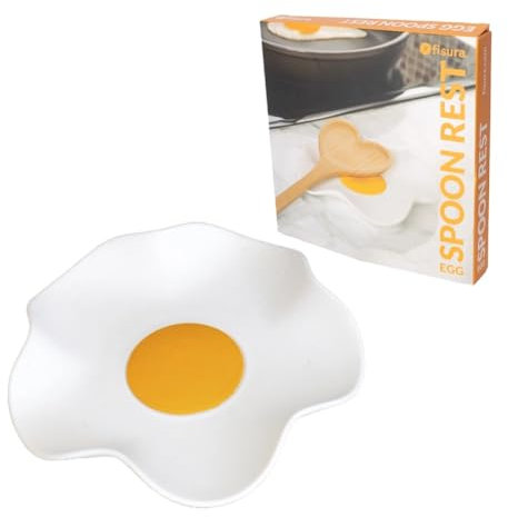 FISURA - Appoggia cucchiaio originale a forma di uovo. Appoggia cucchiaio in silicone. Supporto per utensili originale bianco e giallo. Dimensioni: 12 x 12 centimetri.