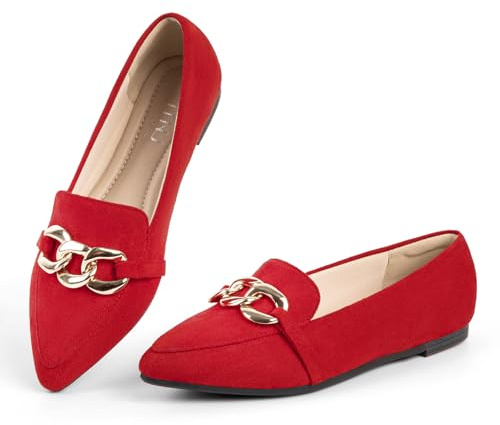 MUSSHOE Loafers for Women Comfortable Flats: Pointed Toe Suede Slip On Dress Shoes with Gold Chain - Memory Foam Arch Support for Business Casual Work Office