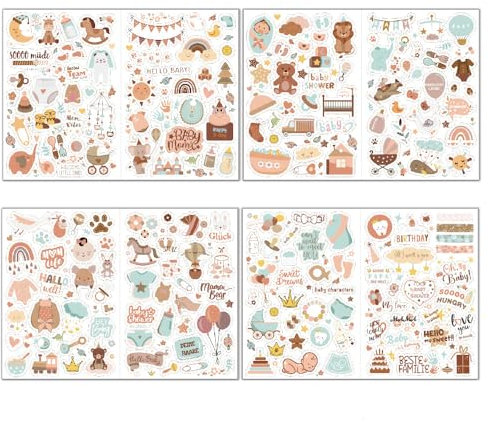 Baby Scrapbook Stickers,4 Sheets Sticker Baby Album Baby Shower Stickers Various Patterns Baby Scrapbook Cartoon Stickers for Photo Album Baby Girl Boy DIY Birthday Party Invitation Cards Kids Gift