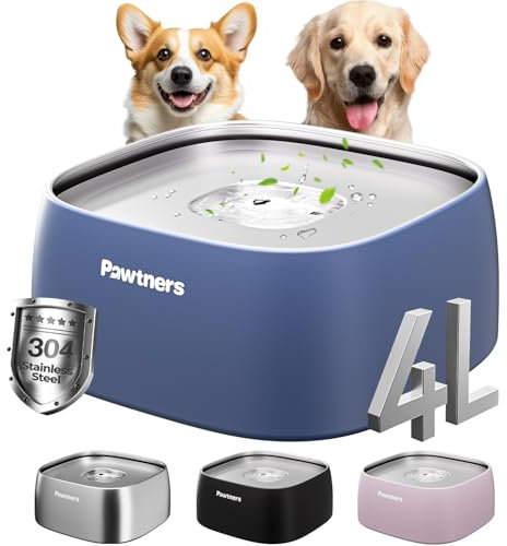 Dog Water Bowl No Spill, 4L All Stainless Steel, Slow Drinking for Dogs with Non-Slip Base, Spill Proof Dog Water Bowl for Medium Large Messy Drinkers, Slobber Stopper, No Mess, Blue
