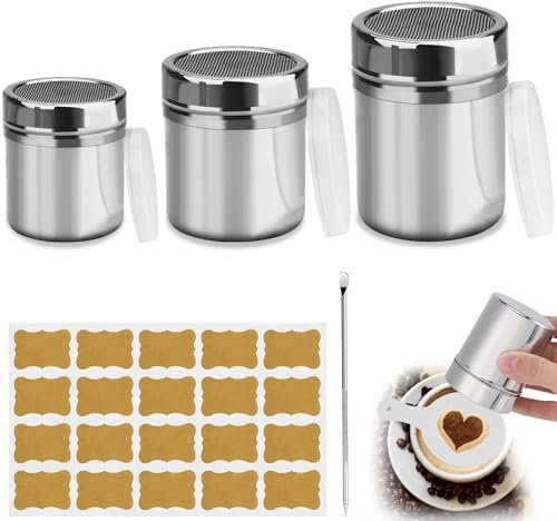 benlidoner 3 Stück Puderzuckerstreuer, Kakaostreuer Cappuccino mit Deckel, Edelstahl-Streuer mit Blatt Beschriftungspapier und Latte Art-Pen, Pulverstreuer für Kaffee, Salz, Kochen, Küche Backen