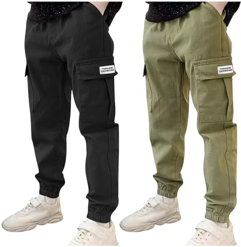 duxyoz Lot de 2 pantalons cargo pour garçons - Pantalons de sport pour enfants avec plusieurs poches à taille élastique - Pantalons de sport durables et décontractés en coton - Couleur unie - Style