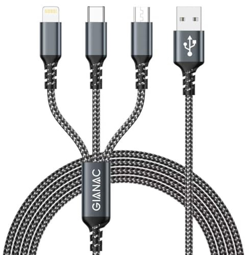 GIANAC Câble Multi USB, 3 en 1 Câble Universel [1.2M] Multi USB Câble de Chargement en Nylon avec IP Micro USB Type C Lightning Connecteur pour Samsung Galaxy S9/S8/S7,Huawei, Honor,Xiaomi etc-Gris