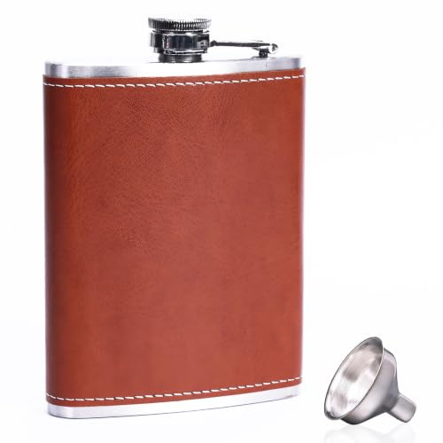 Tuxiaobu Brown Leather Hip Flasks with Funnel, 8 oz Hip Flask for Liquor for Men Women