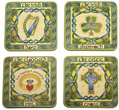 Royal Tara Kork Base Underlägg Set om 4 med Shamrock, Claddagh-ring, keltiskt högt kors och irländsk harpa design (10,5 x 10,5 cm)