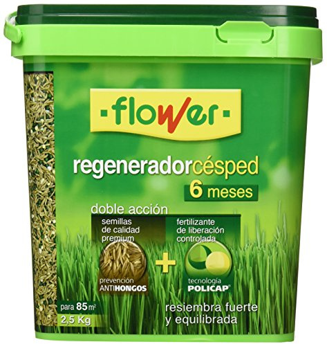 Flower - Regenerador de Césped 2.5 kg | Con Semilla y Abono de Liberación Controlada | Prevención Anti-Hongos | Abonado hasta 6 Meses, 20x20x20.7 cm, Abono