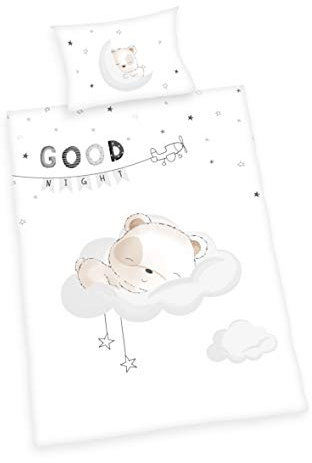 Herding Kleinkinder-Bettwäsche-Set, Sleeping Little Bear Wendemotiv, Bettbezug 100 x 135 cm, Kopfkissenbezug 40 x 60 cm, Flanell/Biber, Weiß