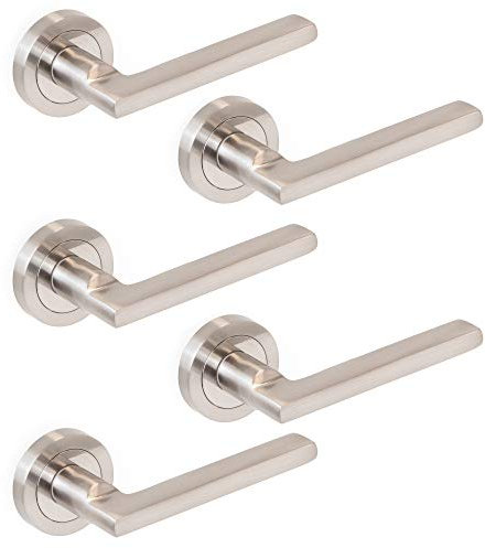 Emuca - Maniglie porta interna, set di 5 coppie di maniglie per porta da interno con rosetta D.50 mm, Alluminio e zama, Nickel satinato.