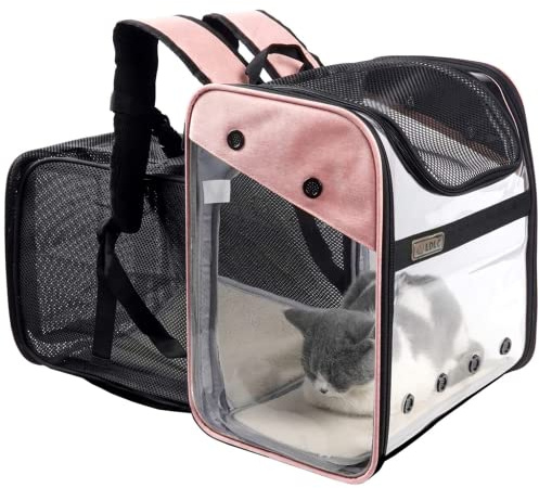 Sac de Transport Chat Petit Chien 10kg, Sac à Dos Extensible Transparent pour Animaux, Pliable Spacieux Respirant avec Matelas en Peluche, Grand Transporteur pour Voyage on Train Voiture Avion (Rose)