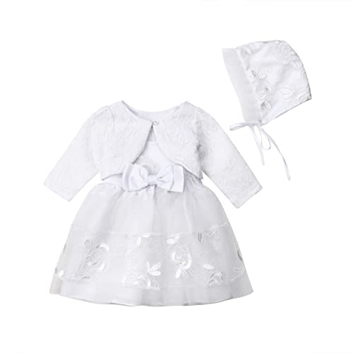 Zukmuk 3 Pcs Costume Baptême Bébé Fille Robe Brodée Blanche sans Manches + Boléro à Manches Longues + Bonnet Tenue Bébé Fille Fête Cérémonie Mariage, Blanc, 6-9 Mois, Taille Fabriquant 90