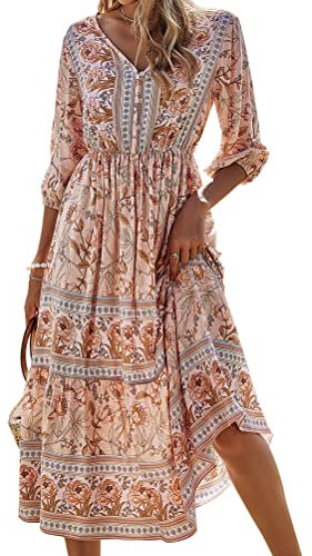Onsoyours Maxikleider Damen Blumen Kleider Boho Sommerkleid Lang Sommerrock Strandkleid V-Ausschnitt Kleid H Aprikose M
