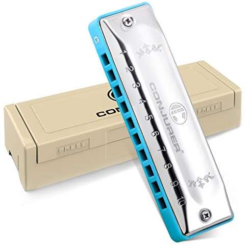 Conjurer Blues Mundharmonika C-Dur Anfänger& Kinder Blues Harp C 10-Loch Diatonische Harmonika Instrument Muntamonika mit hochwertigen Messing Stimmzungen und Hervorragender Klang, 1002 C Dur, Silber