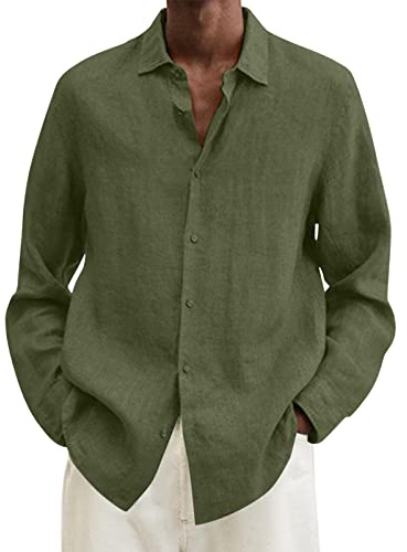 Generic Batikskjorta herr sommar bomullslinne-fast ledig plus storlek-lös skjorta herr nedvikbar krage långärmad skjorta jul herr skjorta, Armégrön, 5XL