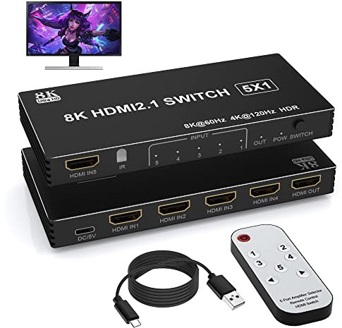 Commutateur HDMI 4K 120 Hz 5 en 1 avec télécommande – Commutateur HDMI 8K @ 60 Hz/4K @ 120 Hz 5 Ports pour PS5 Xbox PS4 PC TV