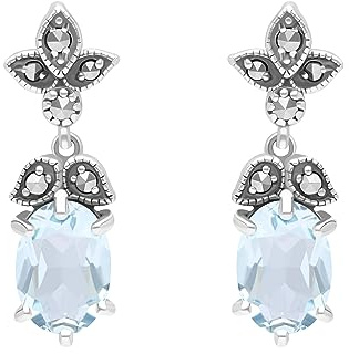 Esse Marcasite Sterling Silver Art Nouveau Blue Topaz Drop Earrings