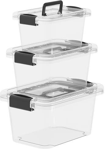 Cetomo Scatole portaoggetti con coperchio e manico, per casa, dormitorio, ufficio, impilabile, in plastica, trasparente, 6 l, 10 l, 18 l, confezione da 3