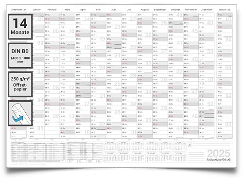 XXXL Jahresplaner 2025 DIN B0 Wandkalender 140x100cm, 14 Monate, großer Wandplaner auf Deutsch, Kalender für Büro & Zuhause, 250g Papier gerollt, Jahreskalender grau – Kalenderoutlet