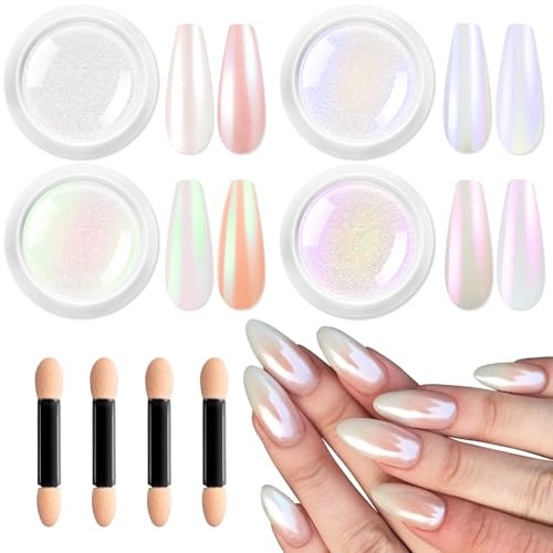 BISHENGYF Polvo De Uñas Efecto Perla - BRILLANTE Polvo Uñas Cromado Donut Esmalte Holo Blanco, Juego De Brillo De Uñas Transparente Aurora Sirena Efecto Espejo Uñas Mágico Pigmento Nail Art Decora DIY