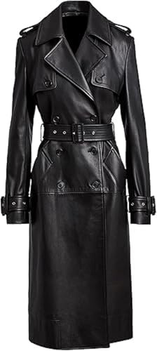 ZM ATTIRE Gabardina negra con cinturón para mujer, de piel auténtica, longitud completa para un estilo atemporal, Abrigo negro de piel auténtica, L