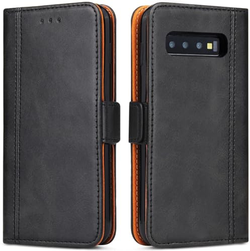 ROJIOJIO Bozon Handyhülle für Samsung Galaxy S10 Hülle, Leder Handytasche Kartenfach Klappständer Magnetisch Lederhülle für Samsung Galaxy S10 Klapphülle, Schwarz