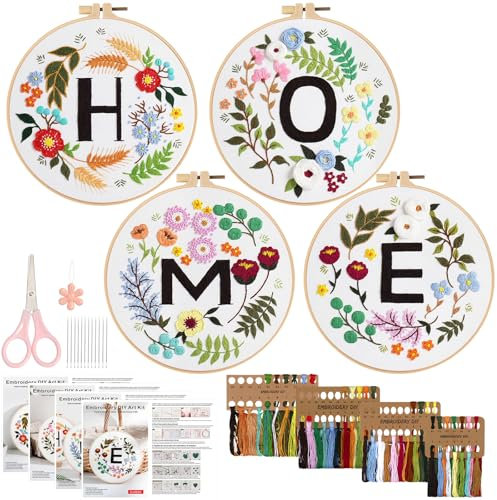 LOMOHOO Stickset für Anfänger, 4 Sticken Set Erwachsene Blumenmuster Pflanzen Stickerei Set Home Embroidery Kit Hobby Sticken für Anfänger Set mit Stickrahmen Stoff Anleitung Fäden Werkzeuge