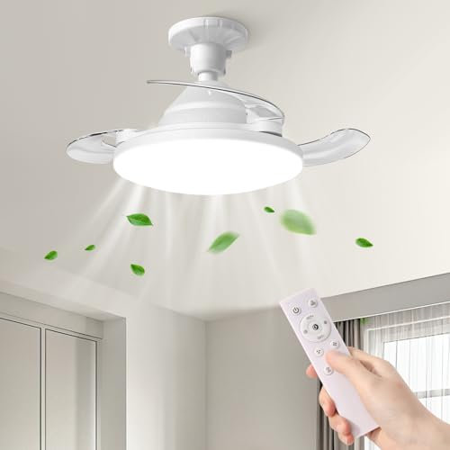 YISUN Ventilador de Techo con Luz LED, E27 Lampara Ventilador Techo con Luz y Mando, Silencioso Araña con Aspas Retráctiles Invisibles, 3 Colores Regulables, Temporizador, 3 Velocidades, Blanco
